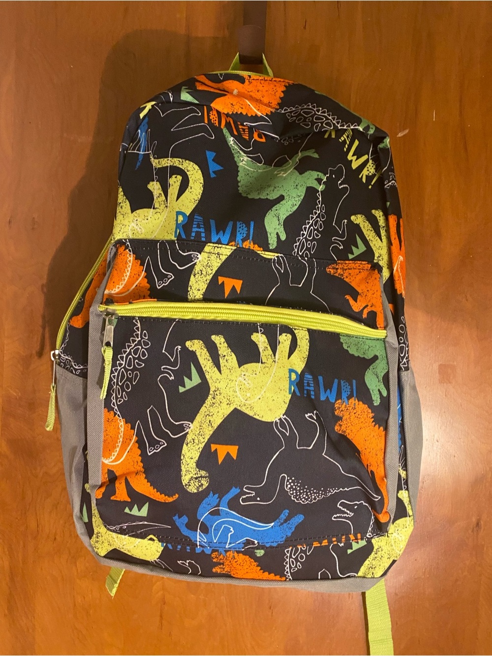 Kids Dinosaur Print Backpack - Black with Green, Orange & Blue Accents